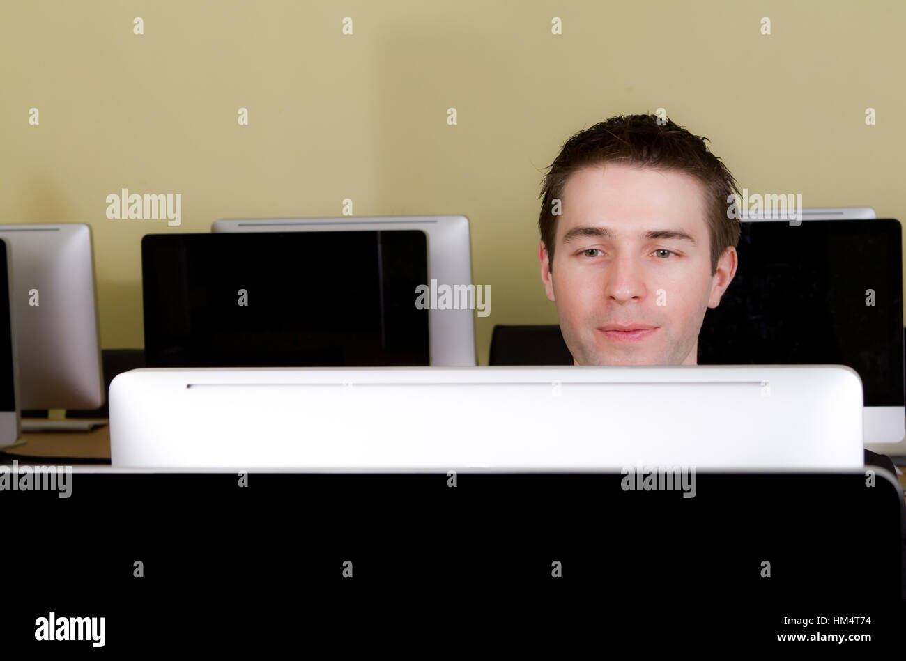 Business man at workplaces in computer room Stock Photo - Alamy