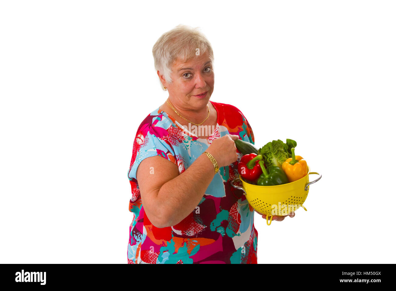Female with fresh vegetables - isolated on white background Stock Photo