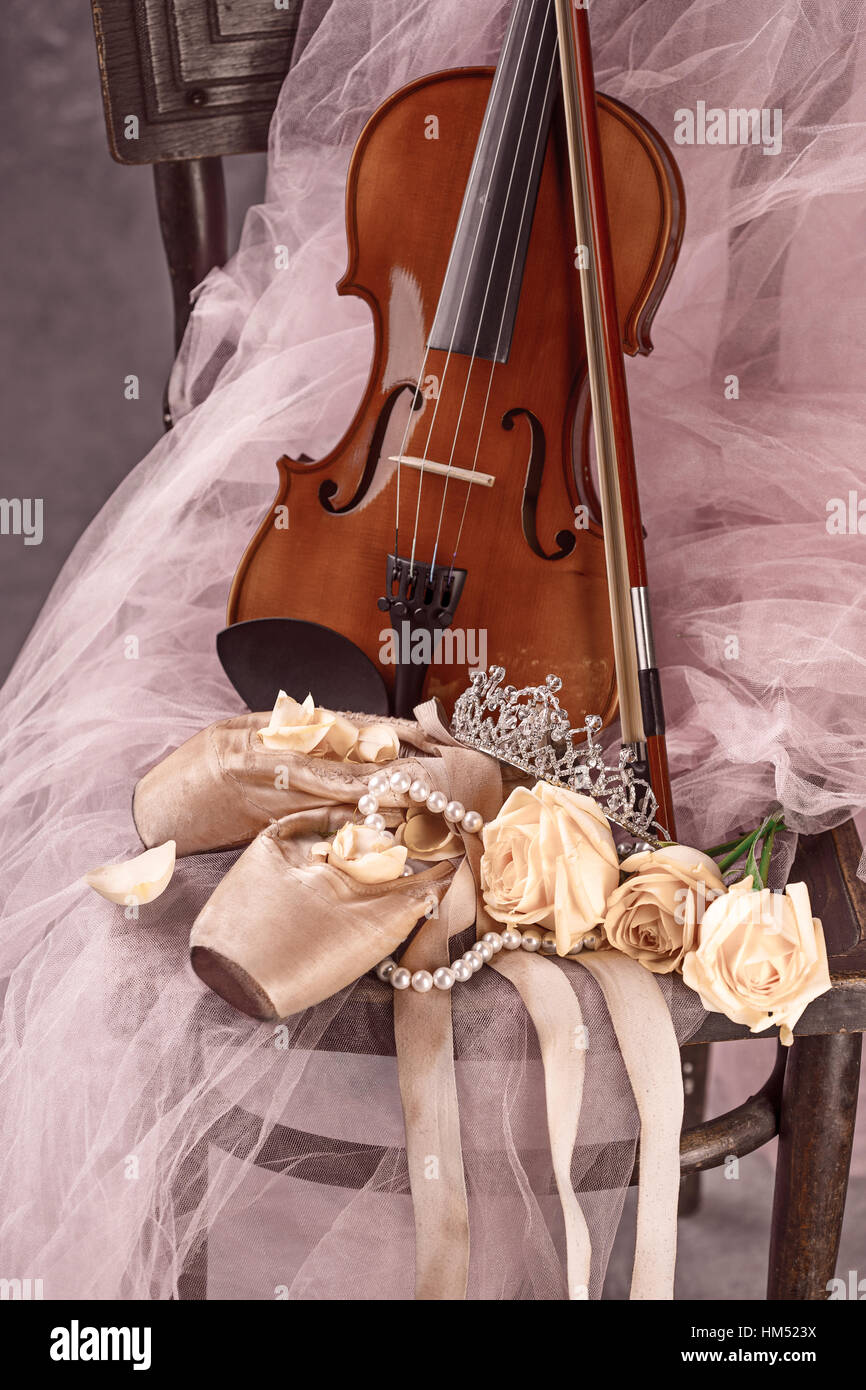 Vintage still Life with roses and Ballet Shoes Stock Photo