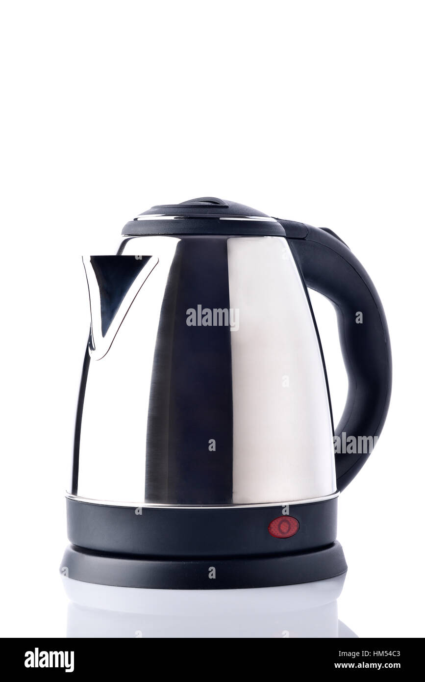 Electric Kettle Made of Stainless Steel on White Background Stock Photo