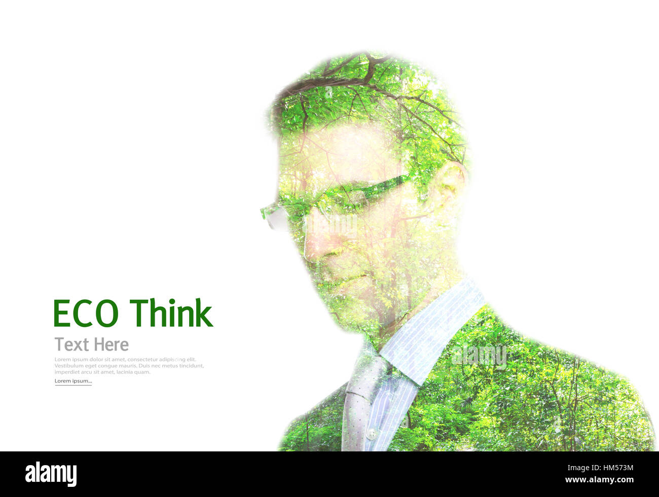 Double exposure portrait of young Business man with green forest isolated on white Stock Photo