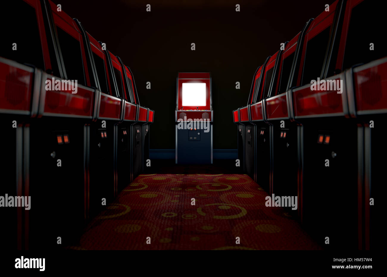 A 3D render of an aisle of switched off vintage arcade game machines with one at the end with an illuminated screen in a retro arcade room Stock Photo