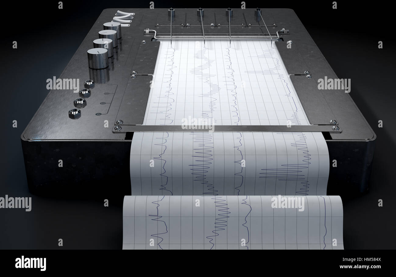 A 3D render of a polygraph lie detector machine drawing red lines on ...
