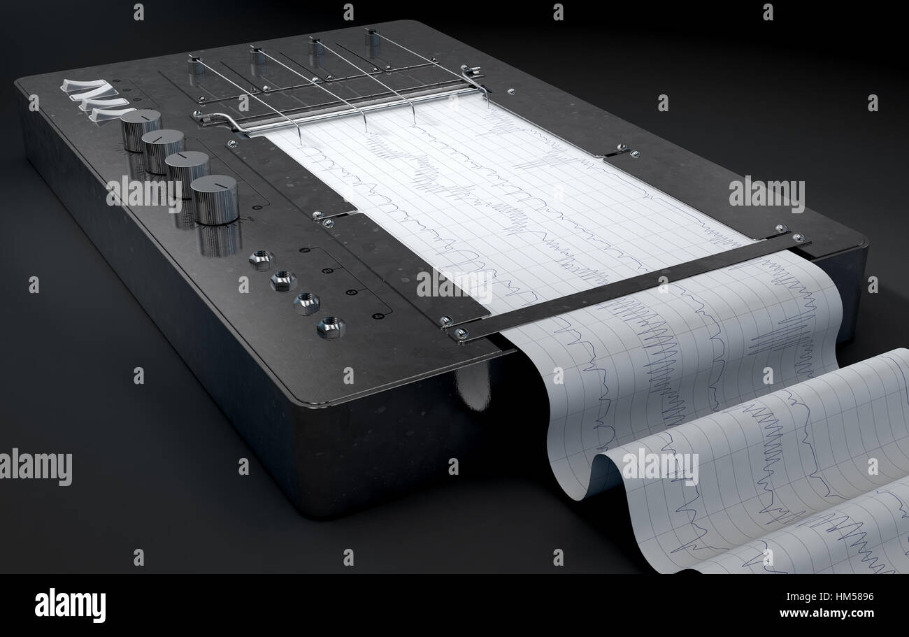 A 3D render of a polygraph lie detector machine drawing red lines on graph paper Stock Photo