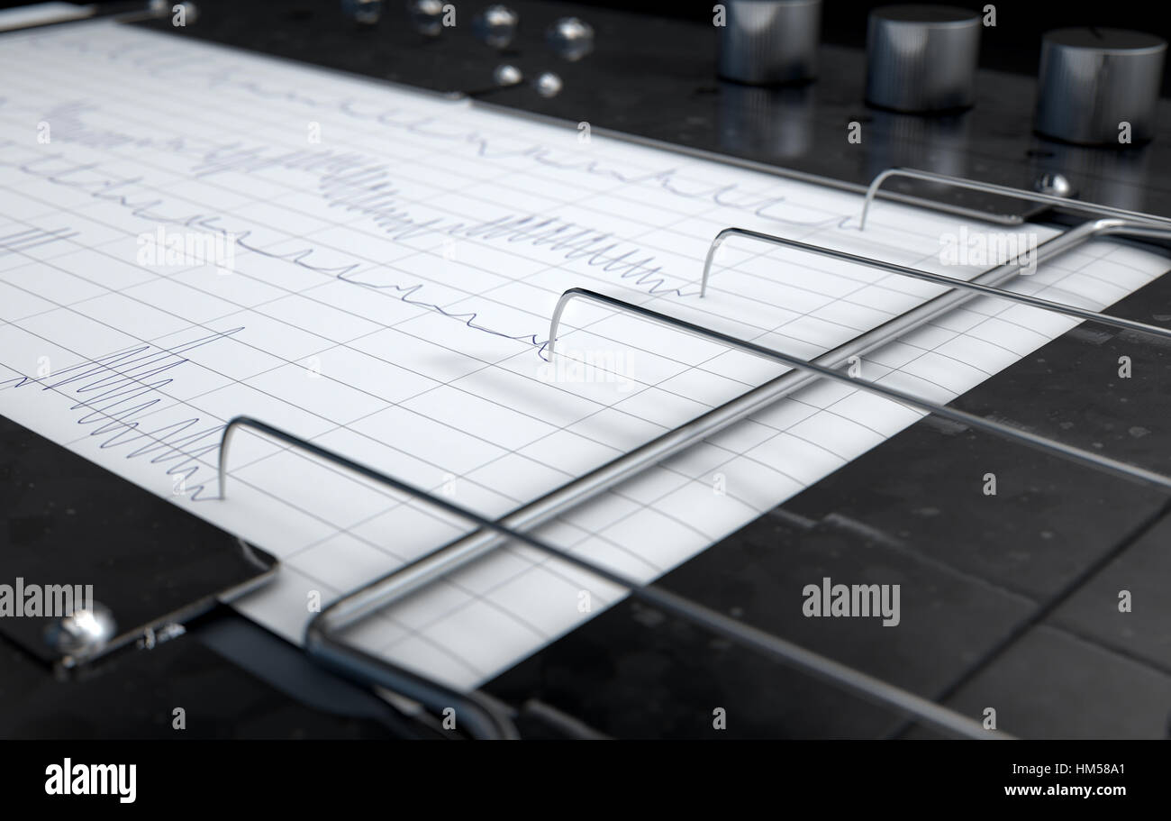 A 3D render of a polygraph lie detector machine drawing red lines on graph paper Stock Photo