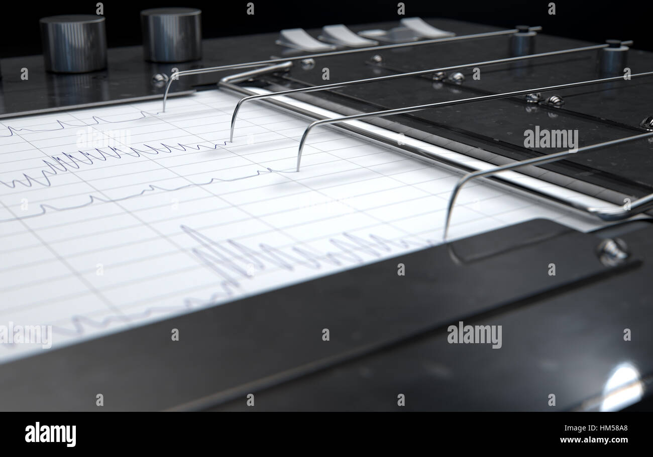 A 3D render of a polygraph lie detector machine drawing red lines on graph paper Stock Photo