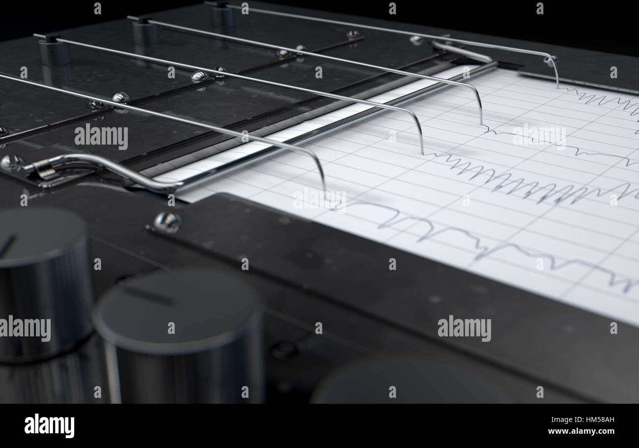 A 3D render of a polygraph lie detector machine drawing red lines on graph paper Stock Photo