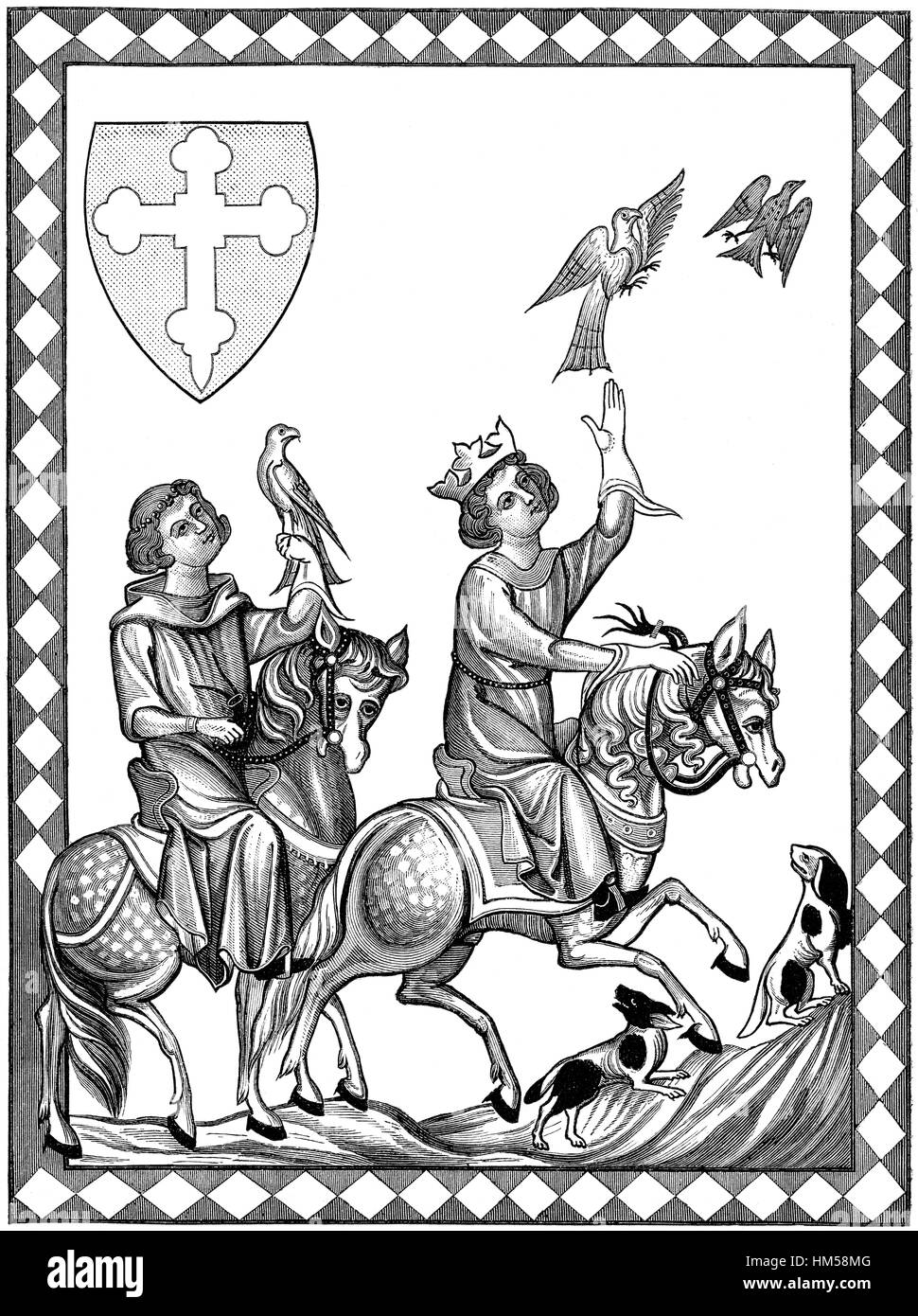 Falconry, Conrad, Conradin or Konradin, 1254-1268, Duke of Swabia, as Conrad IV King of Jerusalem, Codex Manesse, facsimile Stock Photo