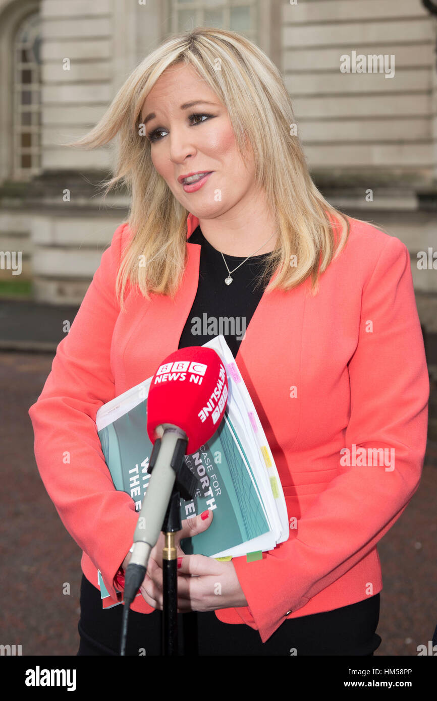 Michelle O'Neill, leader of Sinn Fein, arrives at a Joint Ministerial Committee (JMC) meeting at Cardiff City Hall in Cardiff, South Wales, UK. Stock Photo