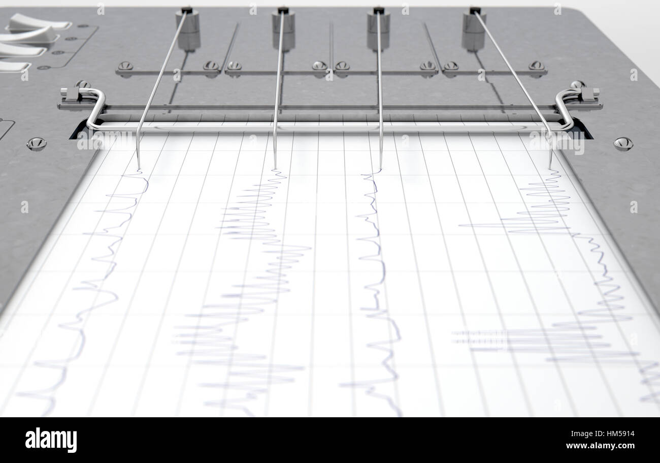 A 3D render of a polygraph lie detector machine drawing red lines on graph paper Stock Photo