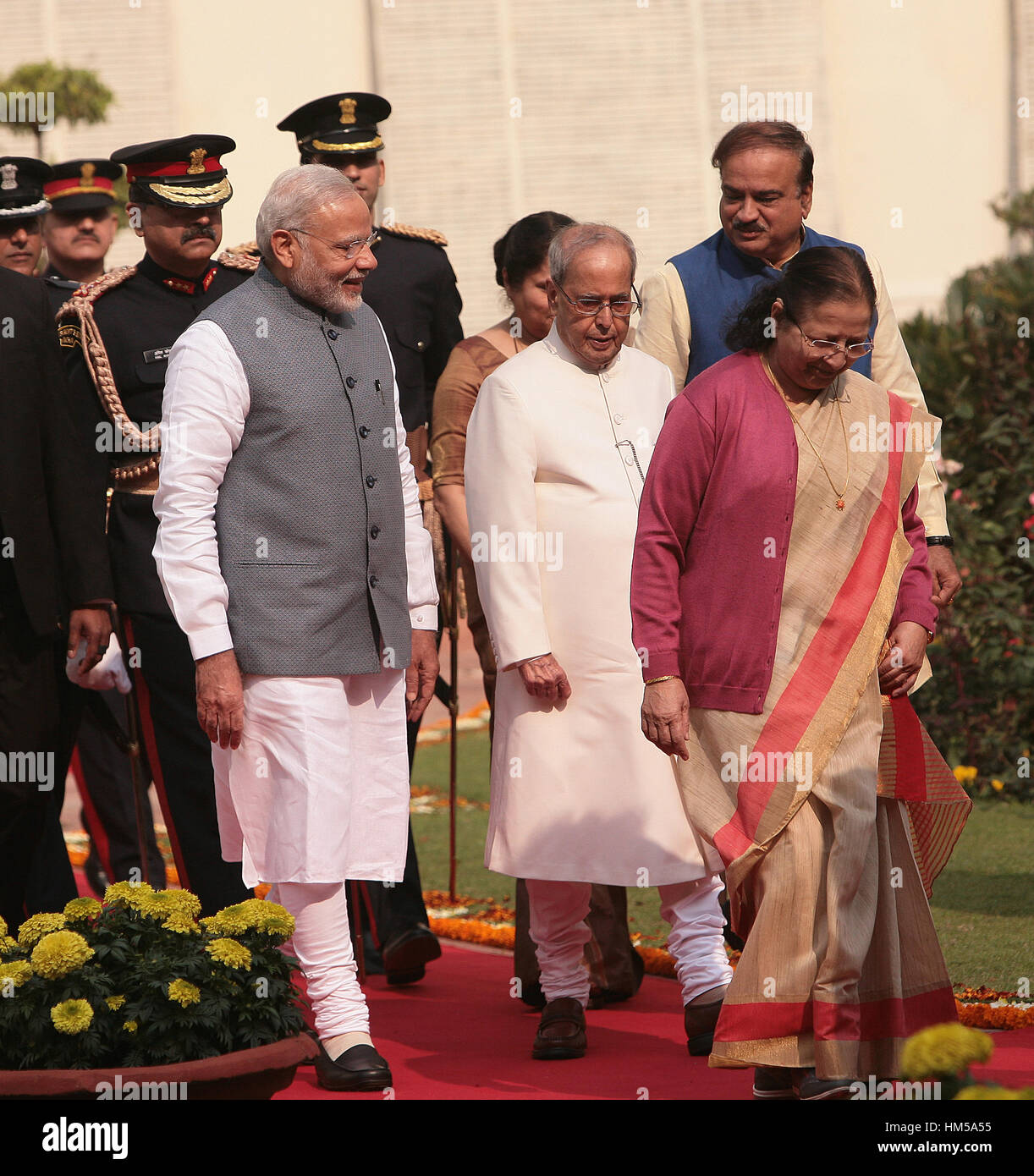 New Delhi, India. 31st Jan, 2017. President of India Pranab Mukherjee along with Prime Minister of India Narendra Modi and speaker of Lok Sabha Sumitra Mahajan walking towards the Parliament house on Tuesday 31/1/2017, the first day of the Budget session -2017 where President of India will address to the joint sitting of the two Houses. Photograph by Ranjan Basu Credit: Ranjan Basu/Pacific Press/Alamy Live News Stock Photo