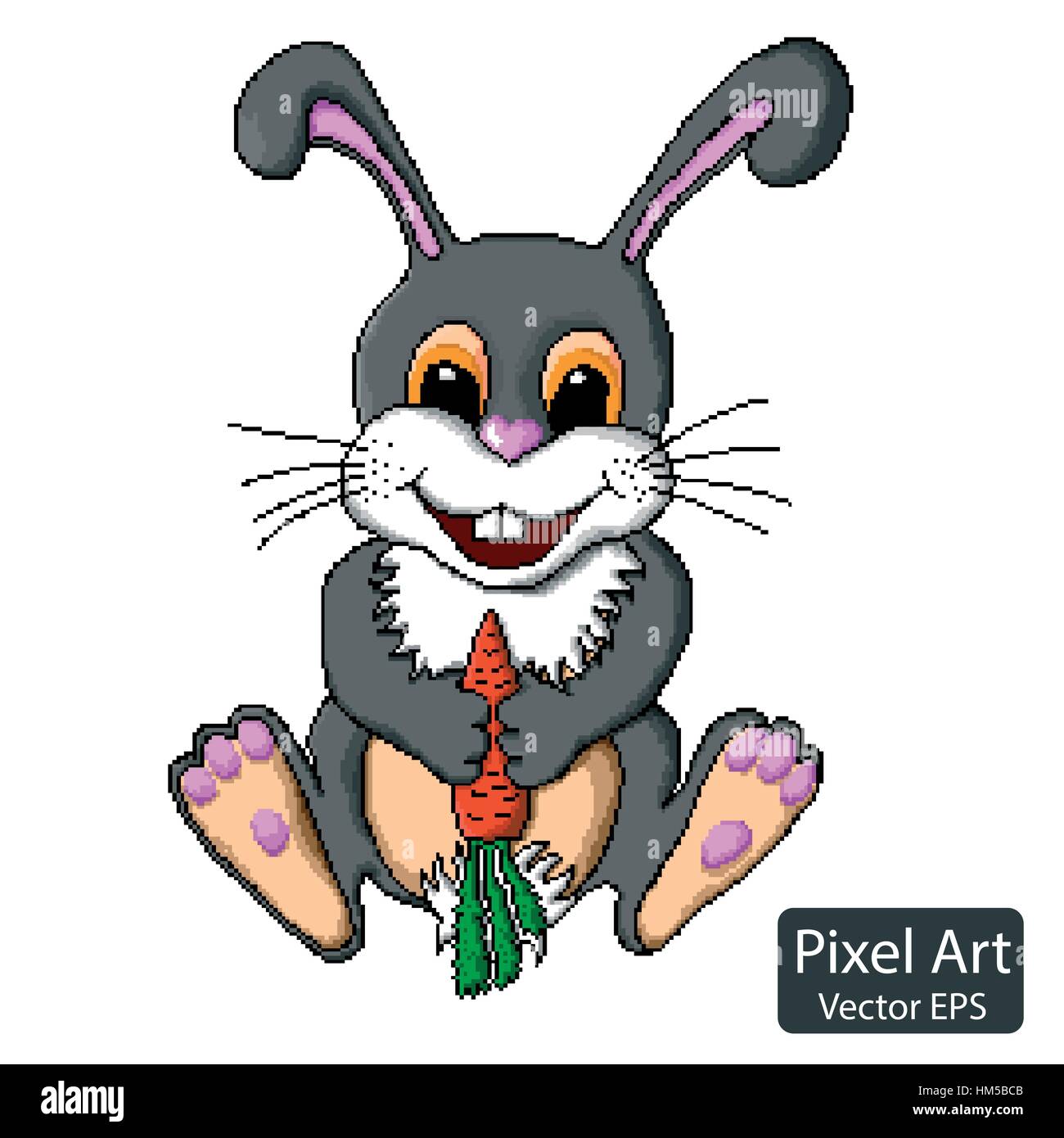 Gray rabbit with the carrot. This is a vector character in the style of Pixel Art. Stock Vector