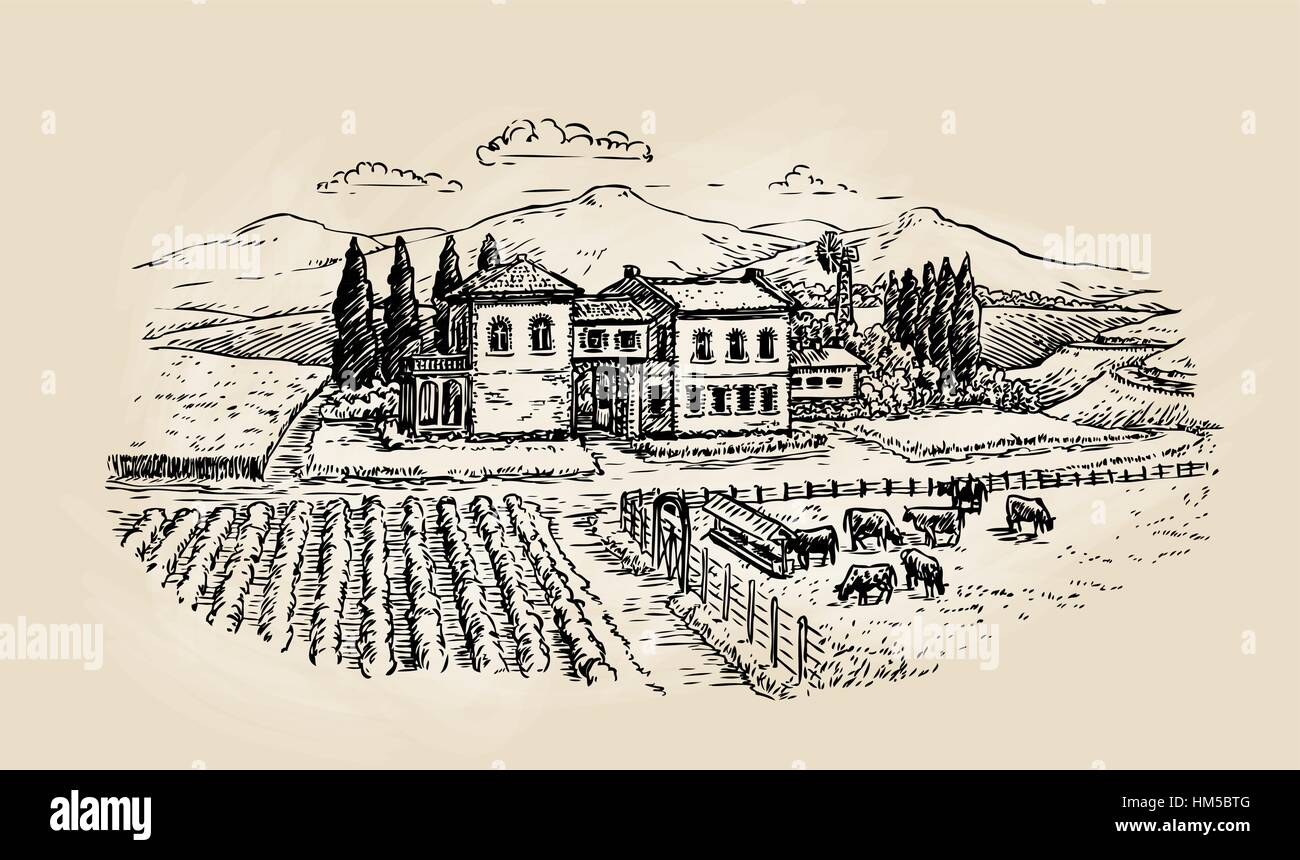 Farm sketch. Farming, agriculture, vineyard or animal husbandry. Vector illustration Stock Vector