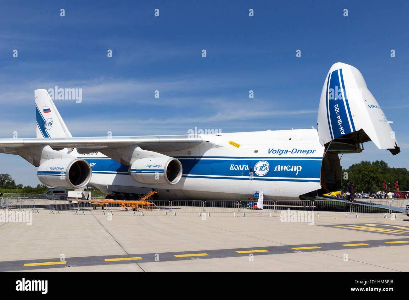 BERLIN, GERMANY - MAY 22, 2014: Russian made Antonov An-124 transport plane at the International Aerospace Exhibition ILA in Berlin, Germany. Stock Photo