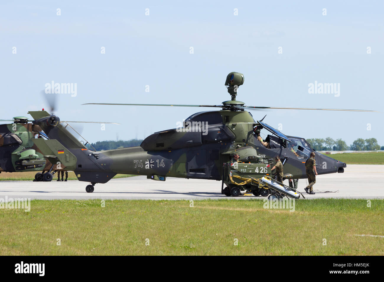 BERLIN, GERMANY - MAY 21: German Army EC665 Tiger attack helicopter flying display at the International Aerospace Exhibition ILA on May 22nd, 2014 in  Stock Photo