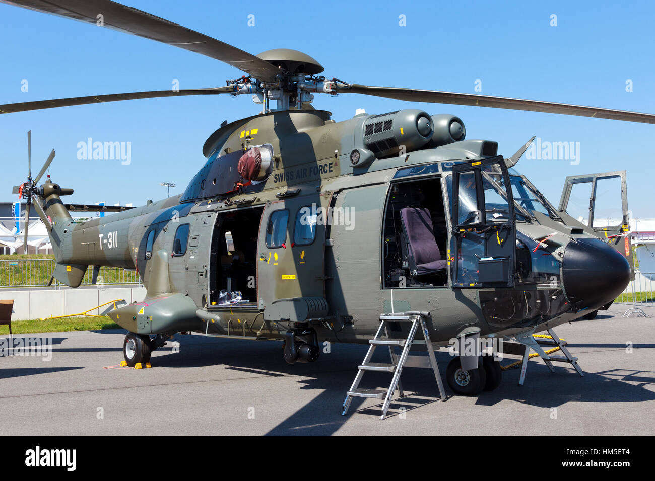 BERLIN, GERMANY - MAY 22: Swiss Air Force AS332 Super Puma transport  helicopter at the International Aerospace Exhibition ILA on May 22nd, 2014  in Ber Stock Photo - Alamy
