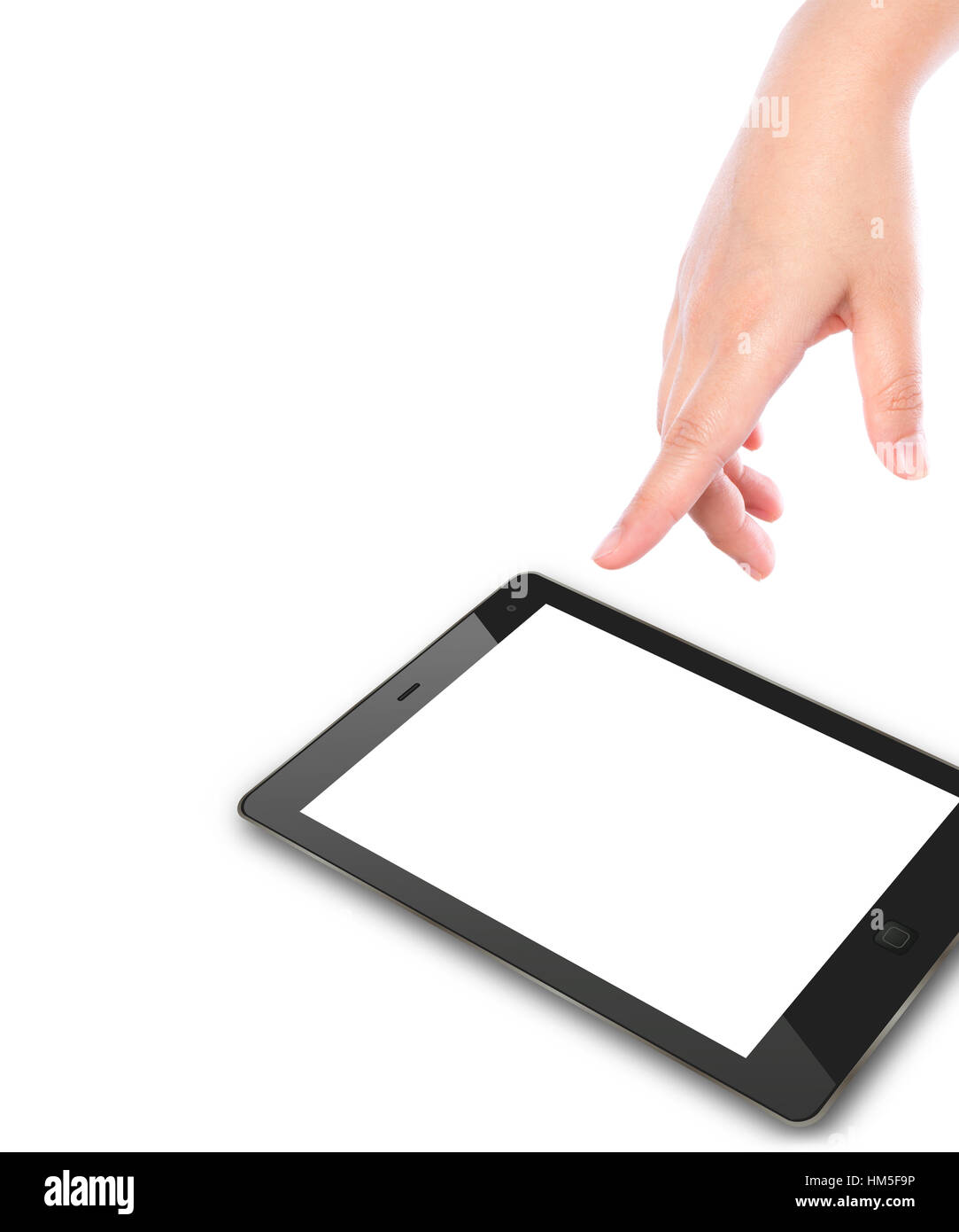 Hand pointing on touch screen device Stock Photo - Alamy