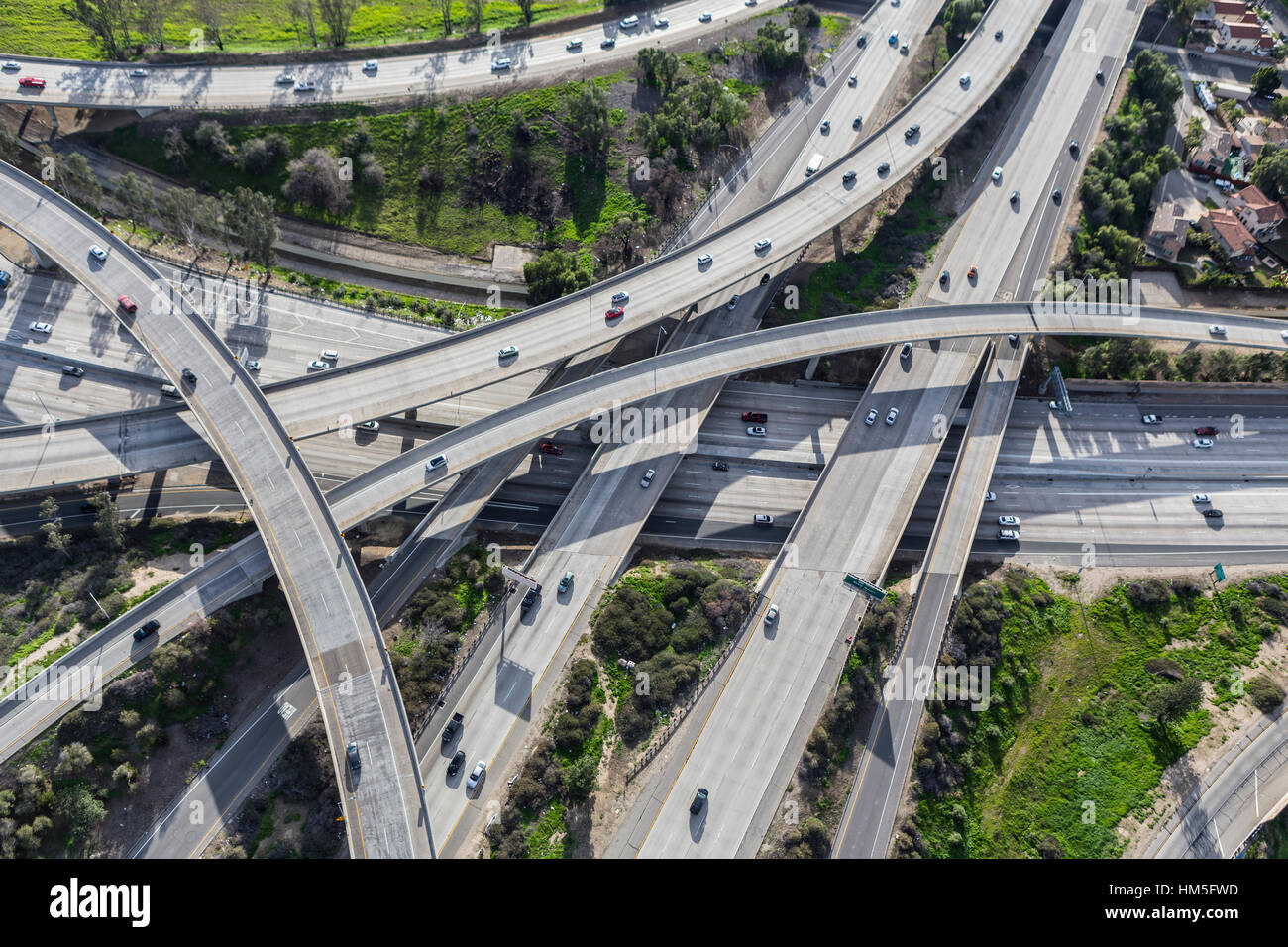 Aerial view of the 118 and Golden State 5 and freeway interchange in Los Angeles California. Stock Photo
