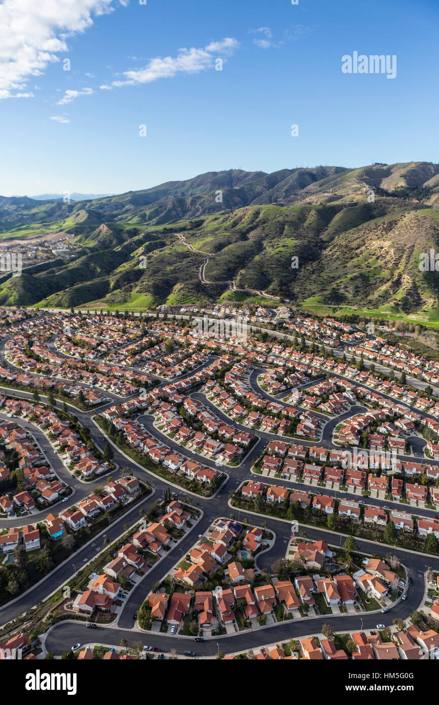 Aerial view of tidy streets and homes in the Porter Ranch neighborhood