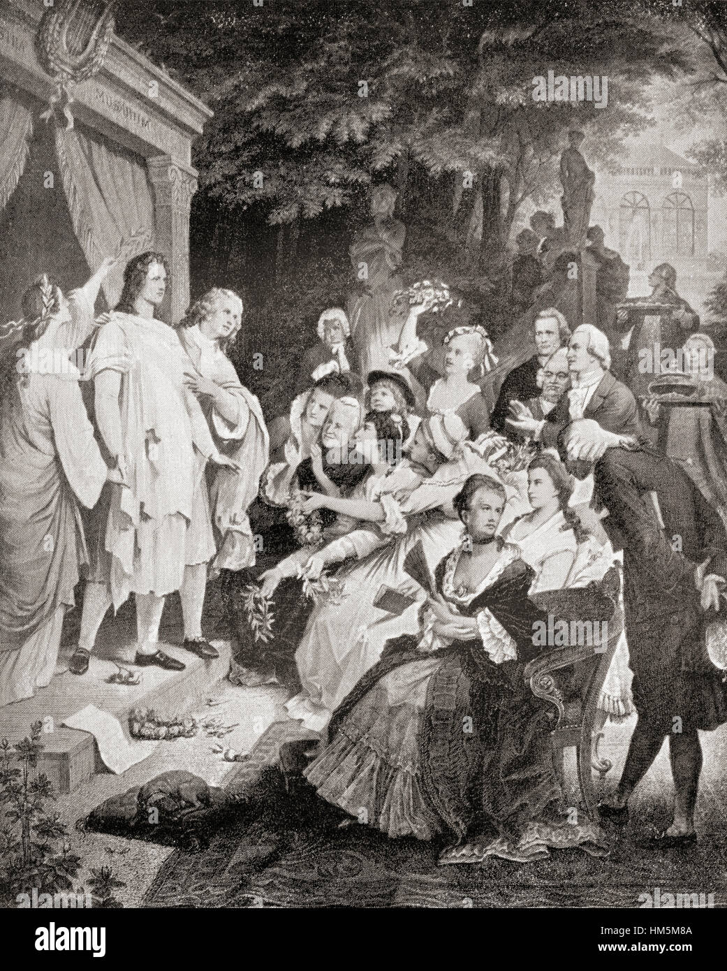 Engraving titled 'Goethe in Weimar' by German painter Wilhelm von Kaulbach (1805-1874) depicting a  performance of Iphigenia in Tauris featuring Goethe as Orestes, Karl August as Pylades, and Corona Schröter as Iphigenia. Stock Photo