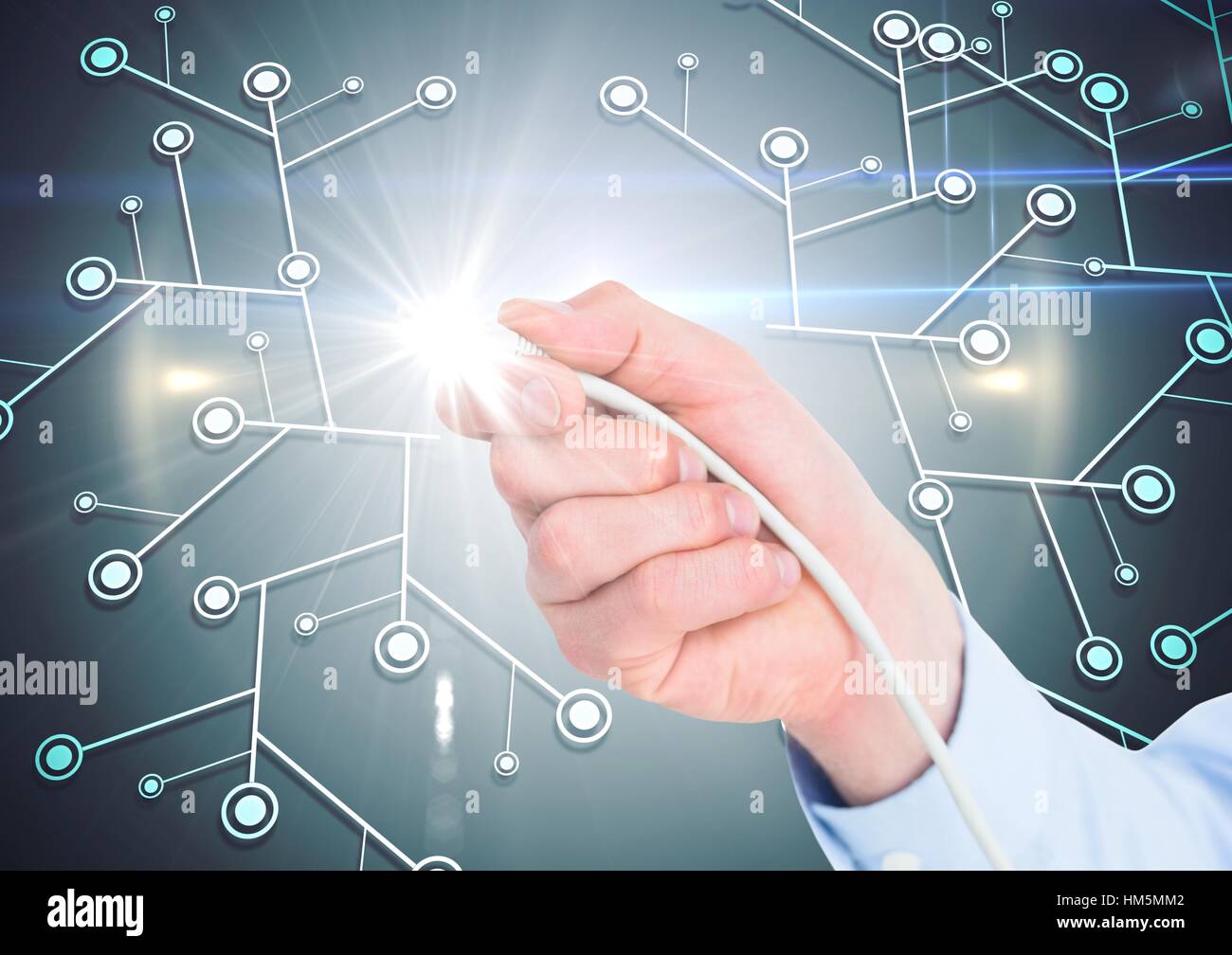 Man hand with cable and flare against digitally generated network icon Stock Photo