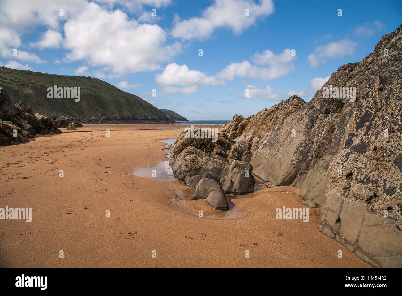 Putsborough beach is the other side of Baggy point with the wonderful Devonian sandstone rocks in the fore ground. Stock Photo