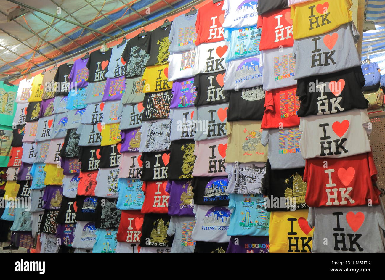 T shirt shop at Ladies market in Mong Kok in Hong Kong. Stock Photo