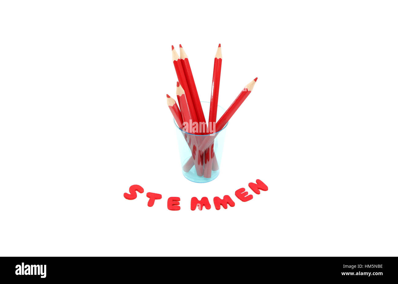 Red pencils and the word stemmen which means to vote in dutch for the upcoming elections on march 15, 2017 in the Netherlands Stock Photo