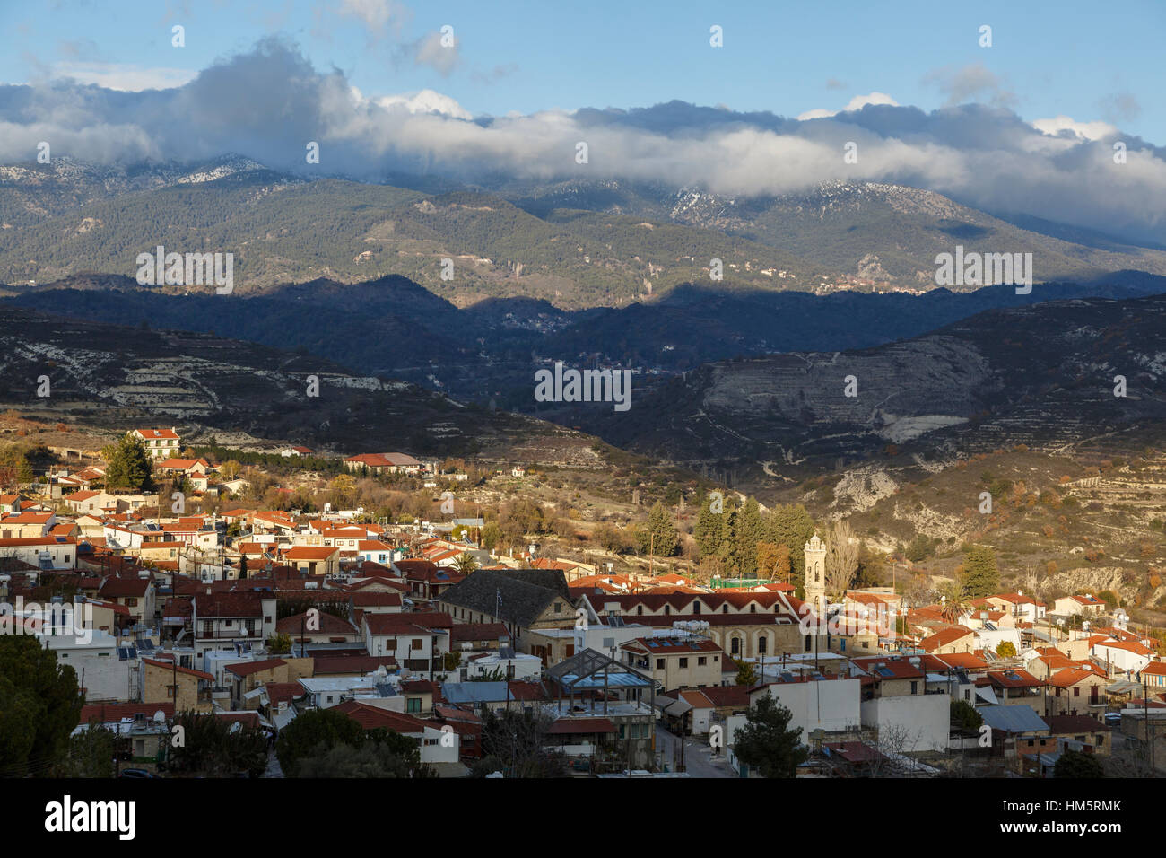 The picturesque village of Omodos with a backdrop of the Troodos Mountains, Cyprus Stock Photo