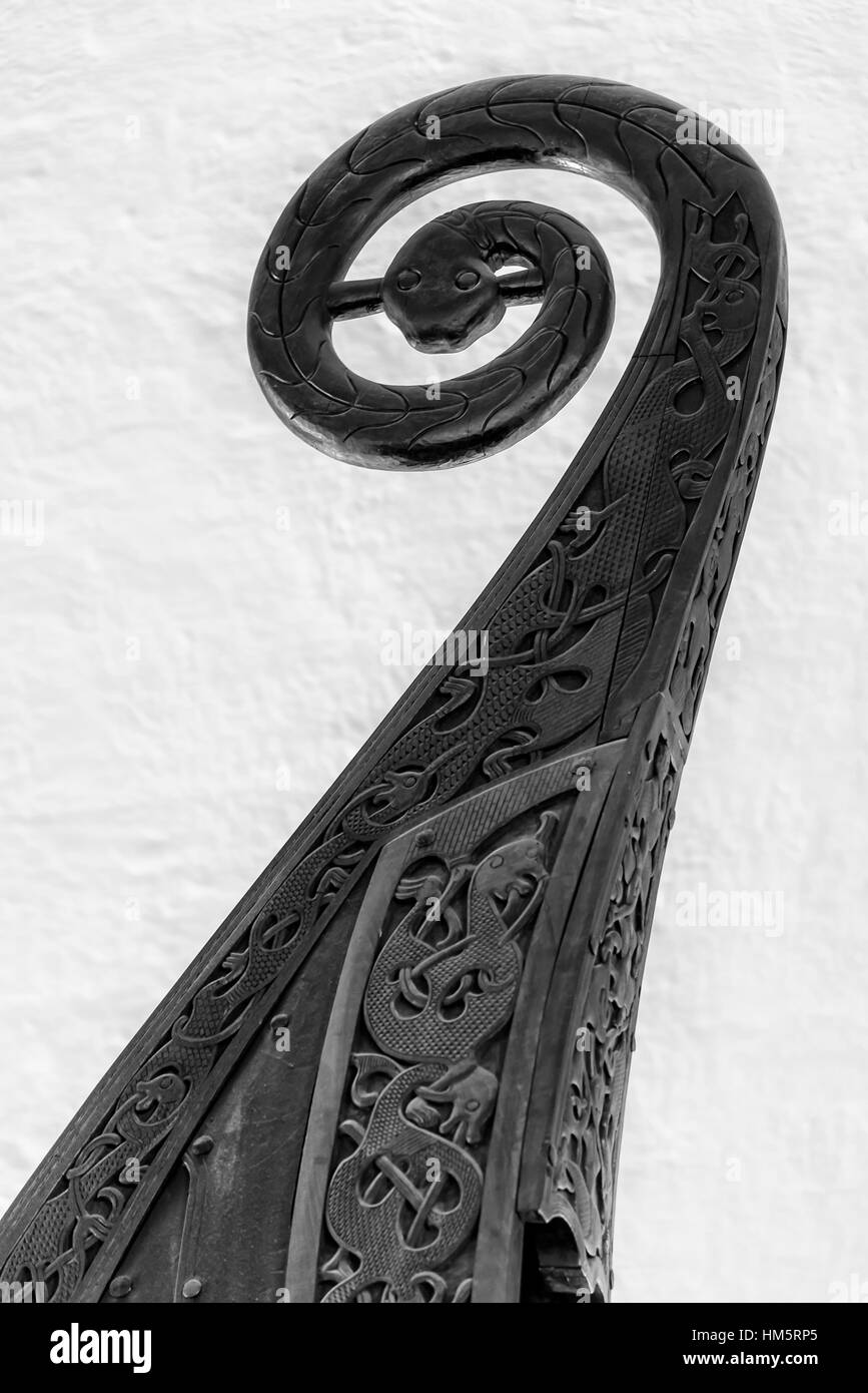 Oseberg ship bow decorations. Oseberg is a well-preserved Viking ship that are displayed at the Viking Ship Museum on the western side of Oslo, Norway Stock Photo