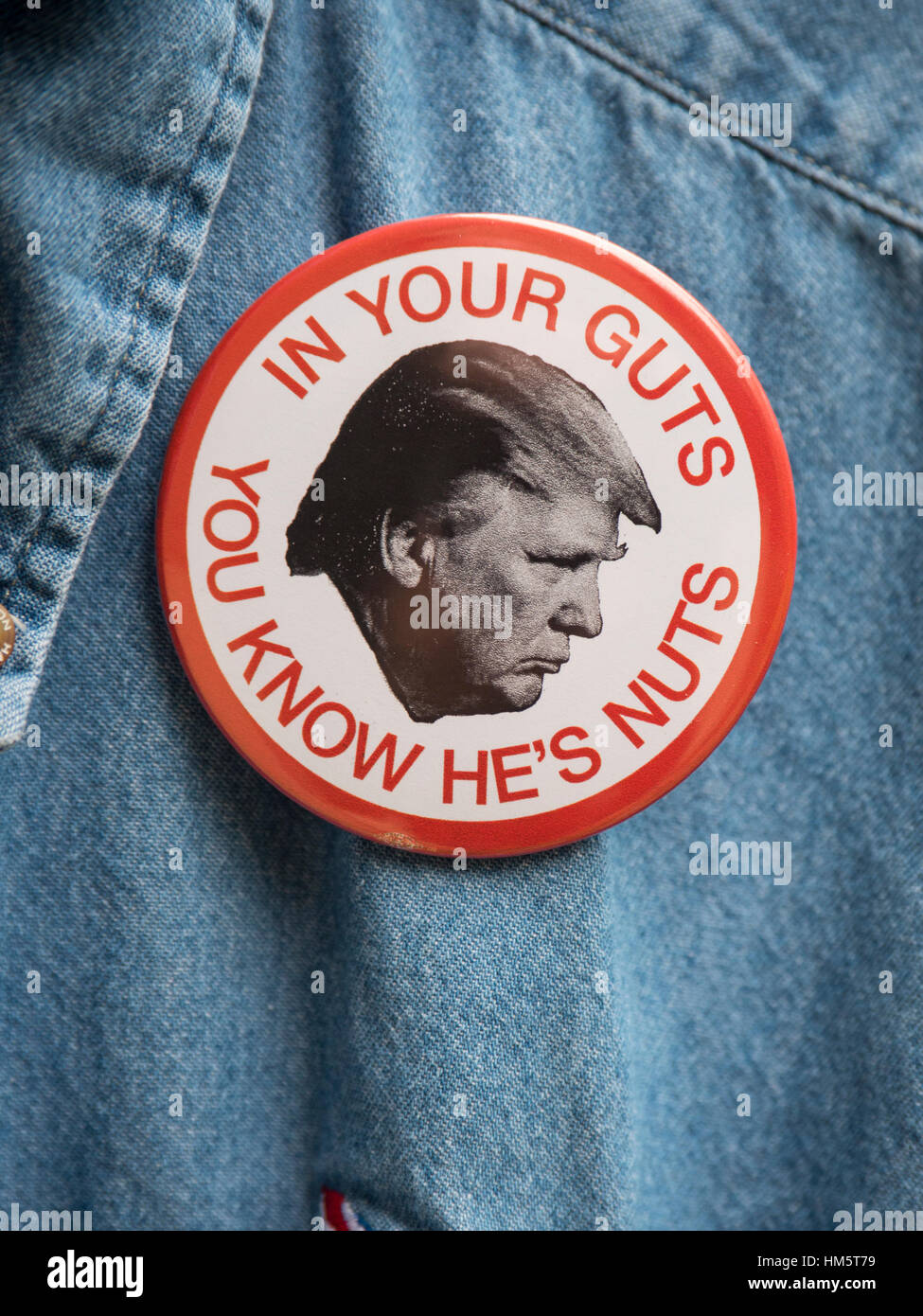 In Your Guts You Know He's Nuts Donald Trump protest button worn by a man demonstrating against the Trump administration Stock Photo