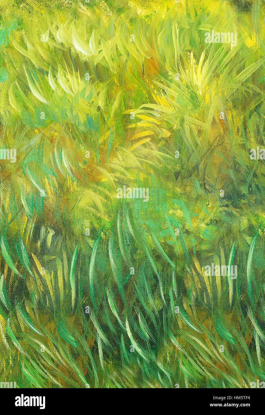 wild meadow grass structure in bright green tones, painting detail