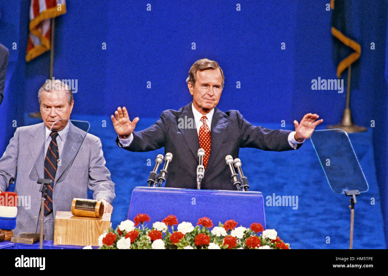 George H.W. Bush, former United States Ambassador to the United Nations, accepts the nomination of the Republican Party to be its candidate for Vice President of the United States at the Joe Lewis Arena in Detroit, Michigan on July 17, 1980. Stock Photo