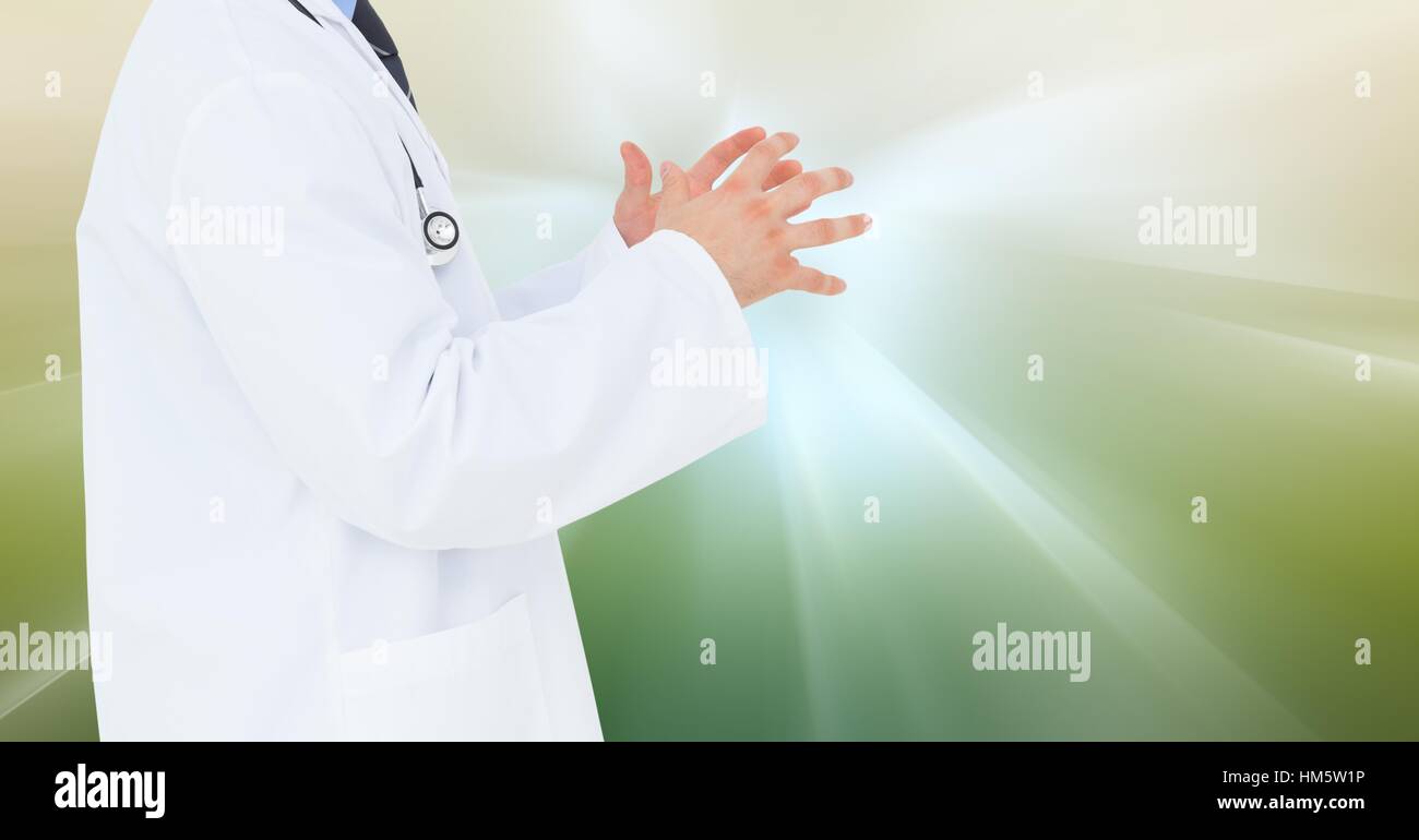 Doctor gesturing against digitally generated background Stock Photo