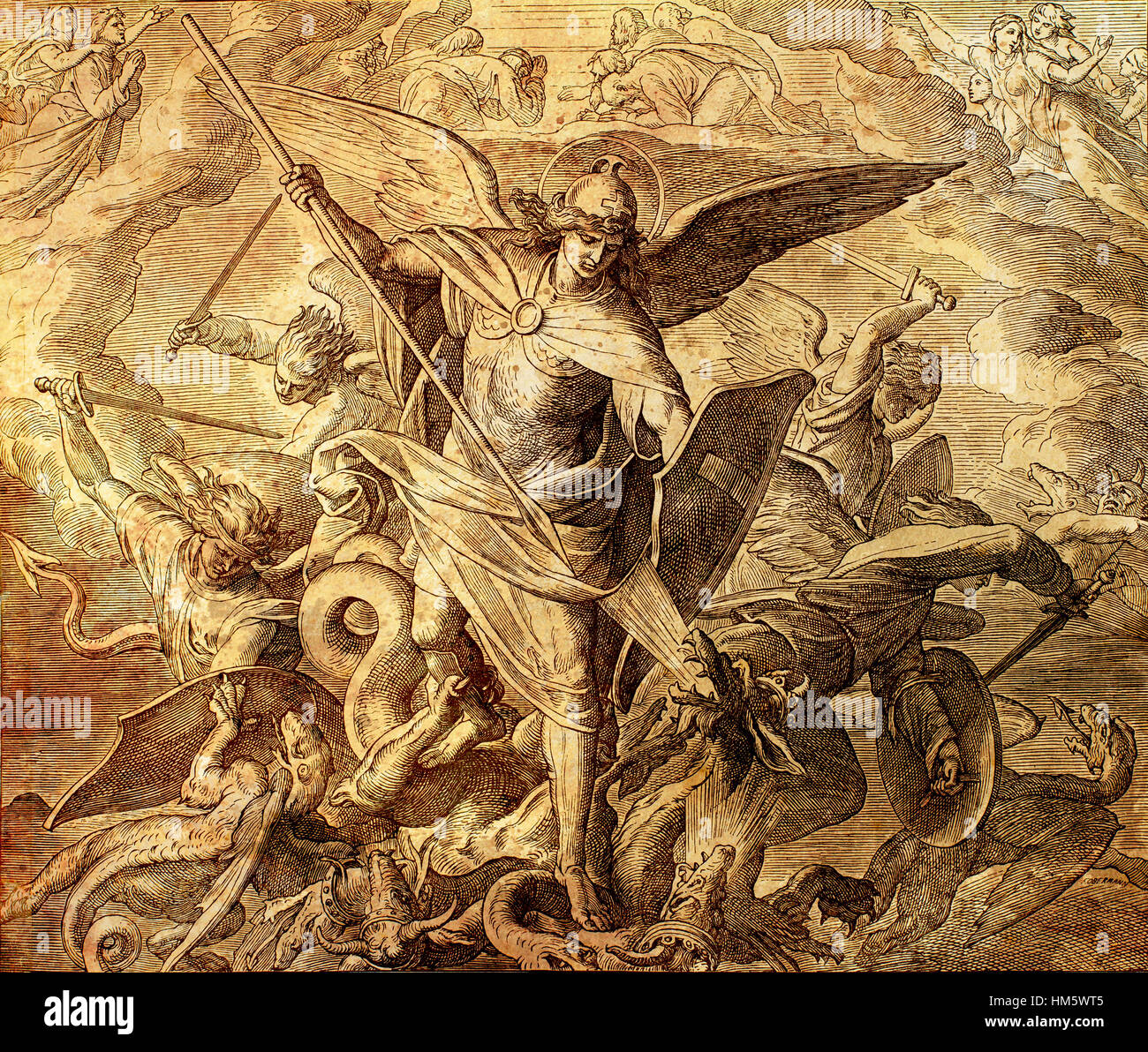 Archangel Michael fighting with dragon, engraving of Nazareene School,  published in The Holy Bible, St.Vojtech Publishing, Trnava, Slovakia, 1937  Stock Photo - Alamy