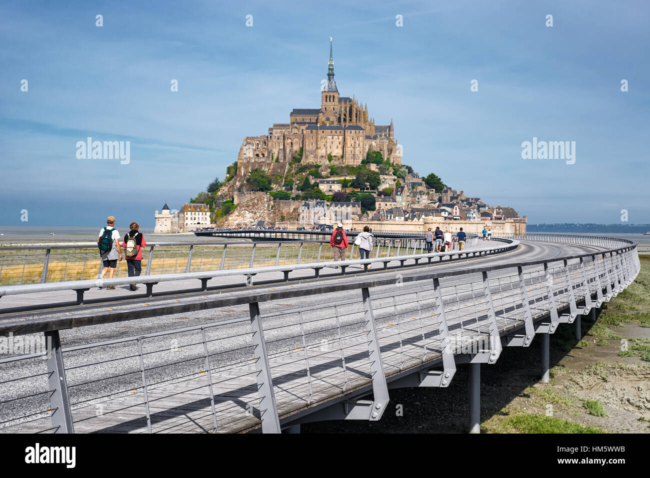 Panoramic view on Mont-Saint-Michel and a road to Abbey , France Stock Photo