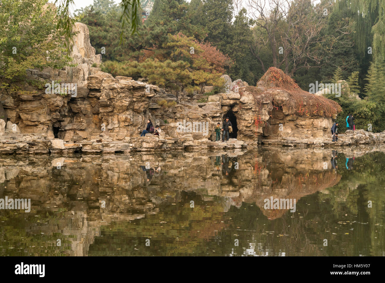 lake and rocks at Ritan Park, Beijing, People's Republic of China, Asia Stock Photo