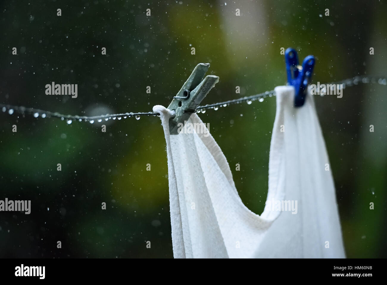 wet clothes peg close up during summer rain Stock Photo