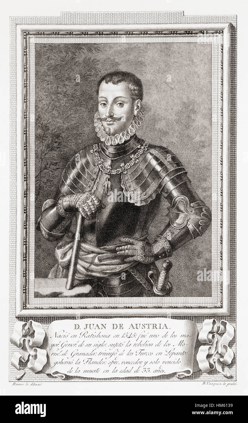 John of Austria, c.1547 – 1578, aka Don John of Austria, Don Juan de Austria.  Illegitimate son of Holy Roman Emperor Charles V, military leader in the service of his half-brother, King Philip II of Spain. He is best known for his naval victory at the Battle of Lepanto in 1571 against the Ottoman Empire.  After an etching in Retratos de Los Españoles Ilustres, published Madrid, 1791 Stock Photo