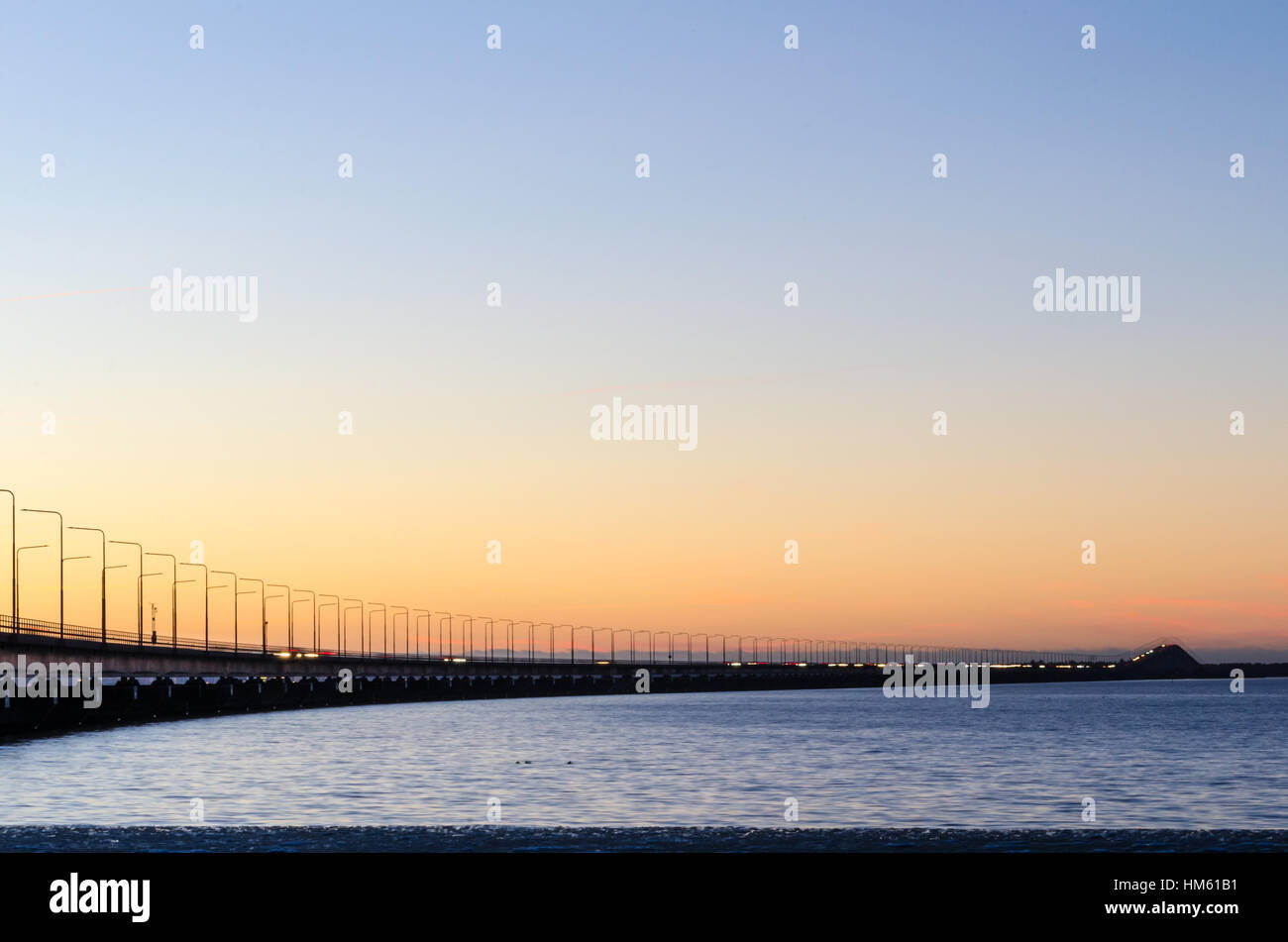 Twilight by the Oland Bridge, connecting the island Oland with mainland Sweden Stock Photo