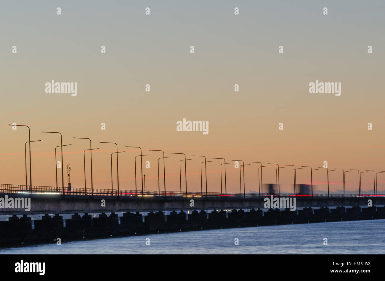 Detail of the Swedish bridge Oland Bridge by twilight. The bridge is connecting the island Oland with mainland Sweden Stock Photo