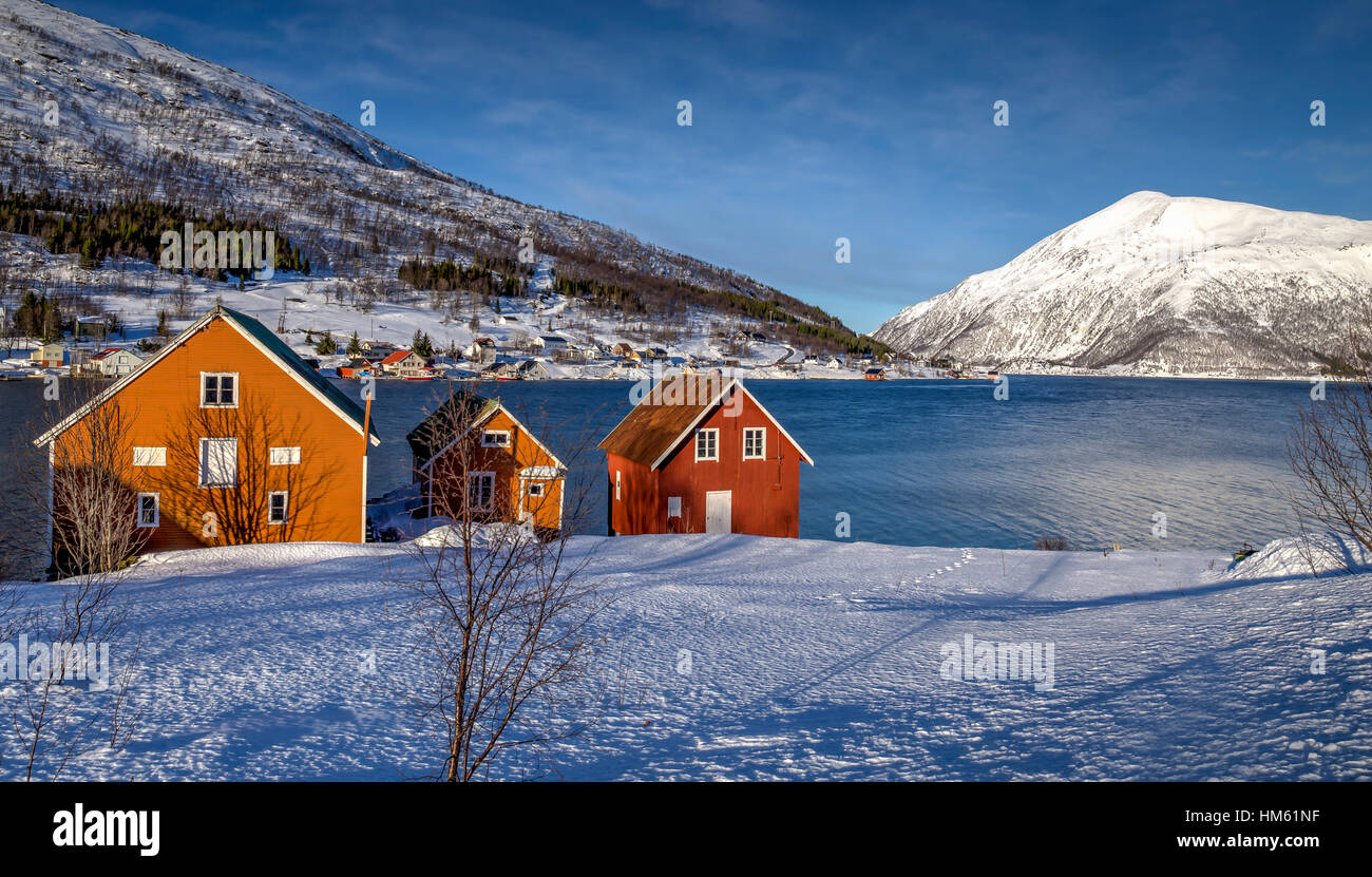 Colourful houses seen in winter along the fjord in Northern Norway above the arctic circle. Stock Photo