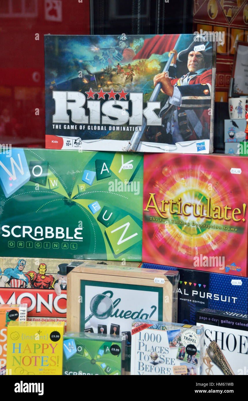 Various board games displayed in a shop window Stock Photo