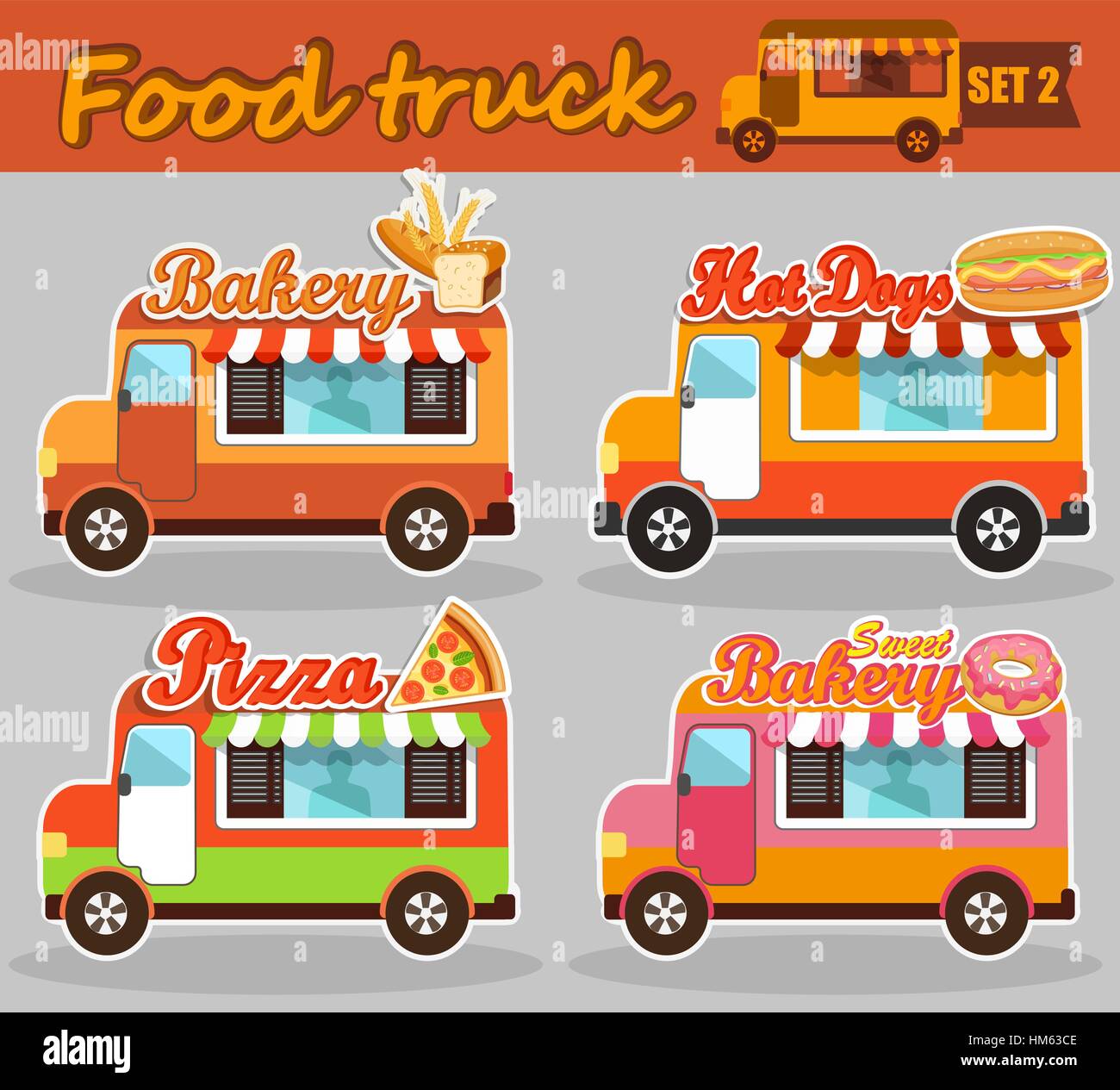 Set of vector illustrations food truck - bakery, pizza, hot dog and sweet bakery. Stock Vector