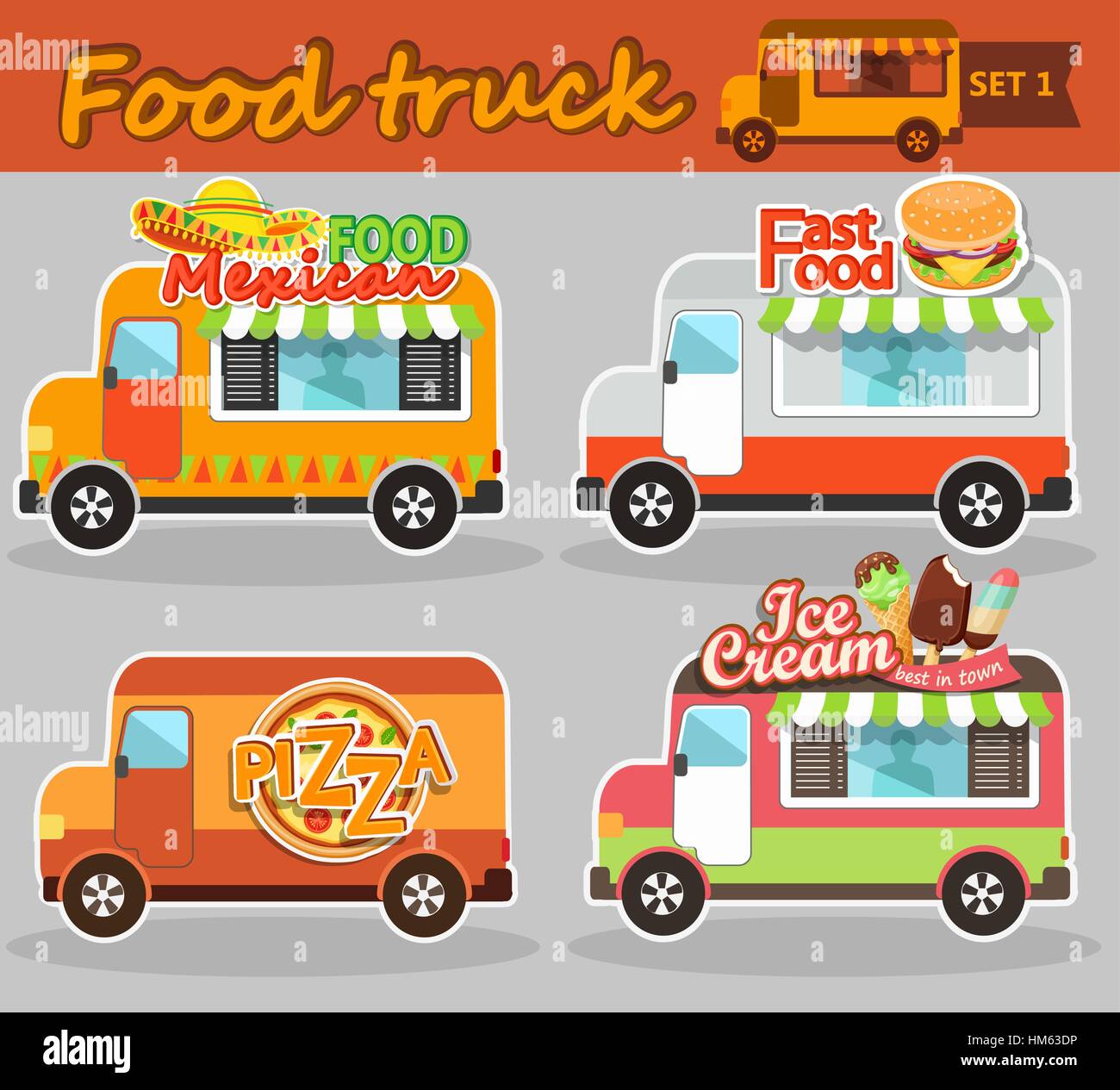 Set of vector illustrations food truck - ice cream, pizza, mexican and fast food. Stock Vector