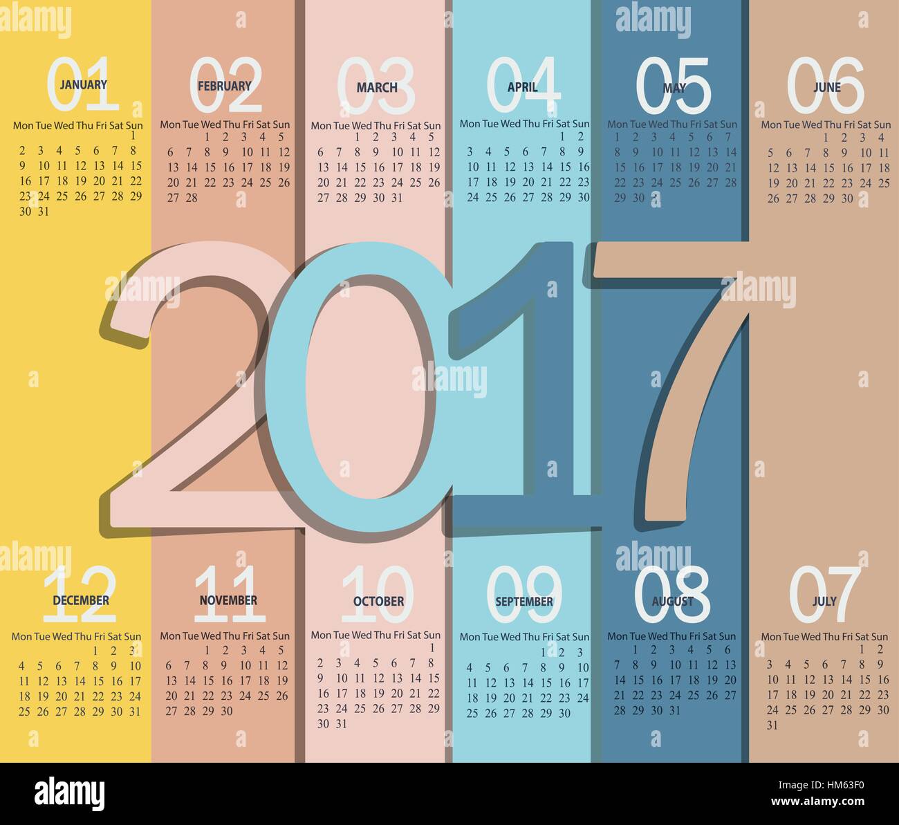 Vector illustration template of modern spring color 2017 calendar. Stock Vector