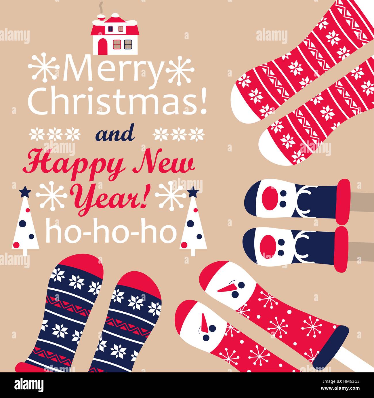 Family feet in Christmas socks. Winter holiday concept. Happy new year Greeting Card. Stock Vector