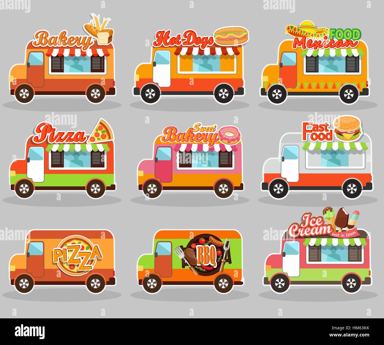 Set of vector illustrations food truck - ice cream, BBQ, sweet bakery, hot dog, pizza, mexican and fast food. Stock Vector