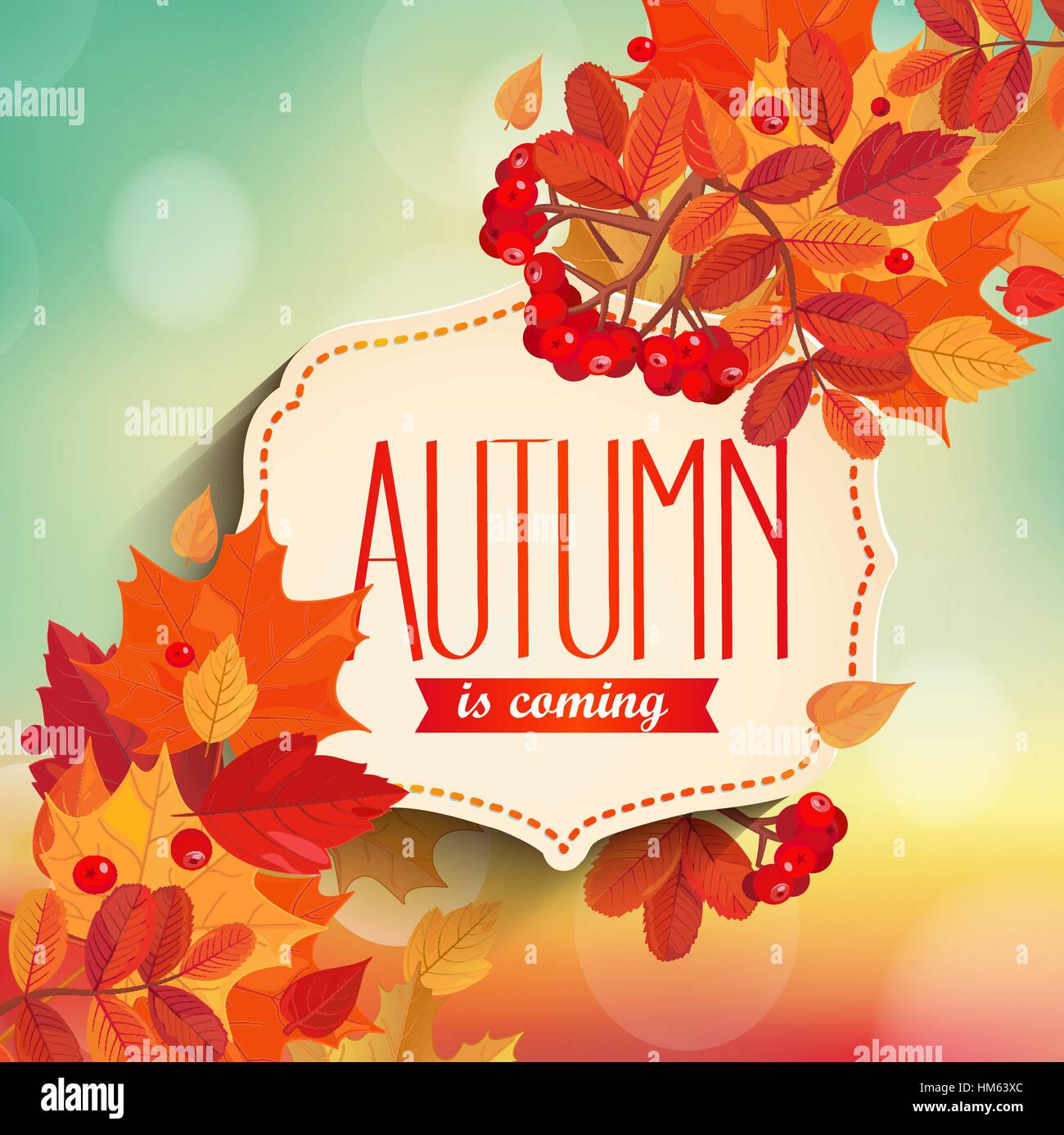 Autumn is coming - background with colorful leaves and vintage frame with text. EPS 10 vector illustration. Stock Vector