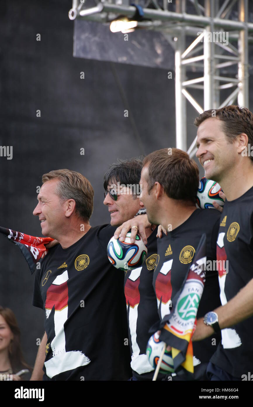 German National Football team and chief coach Löw celebrate FIFA World Cup Championship on July, 15th 2014 in Berlin, Germany. Stock Photo